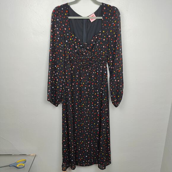 Female Form‎ Star Print Midi Dress Womens Large Black Semi-Sheer Peasant Boho - Picture 1 of 10